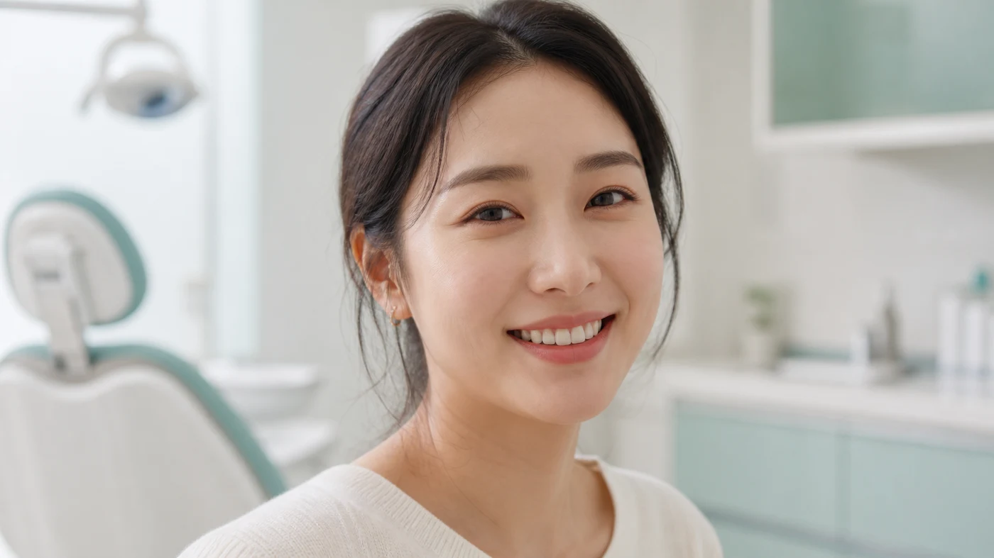 밝은 치과 진료실에서 자연스럽게 미소 짓는 한국인 여성